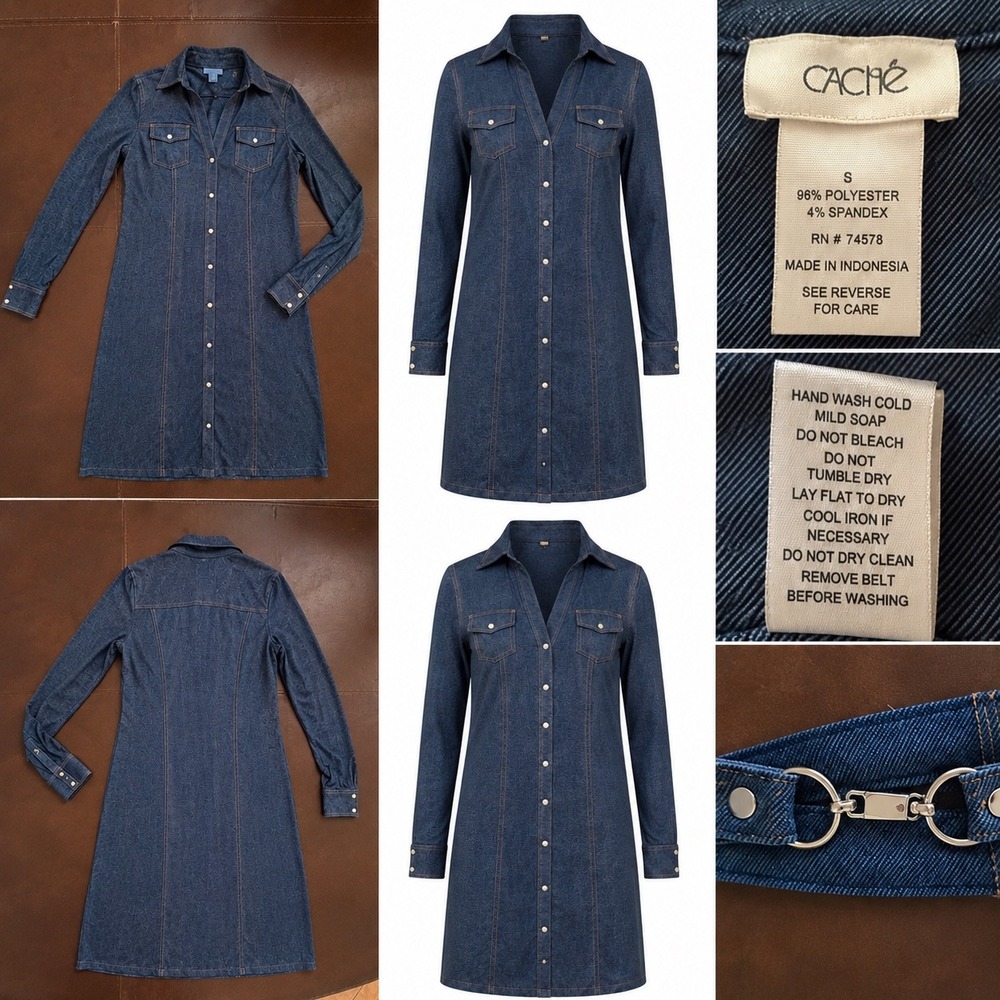 Cache Denim Look Shirt Dress Small Snap Front Long Sleeve Blue Y2K Size small